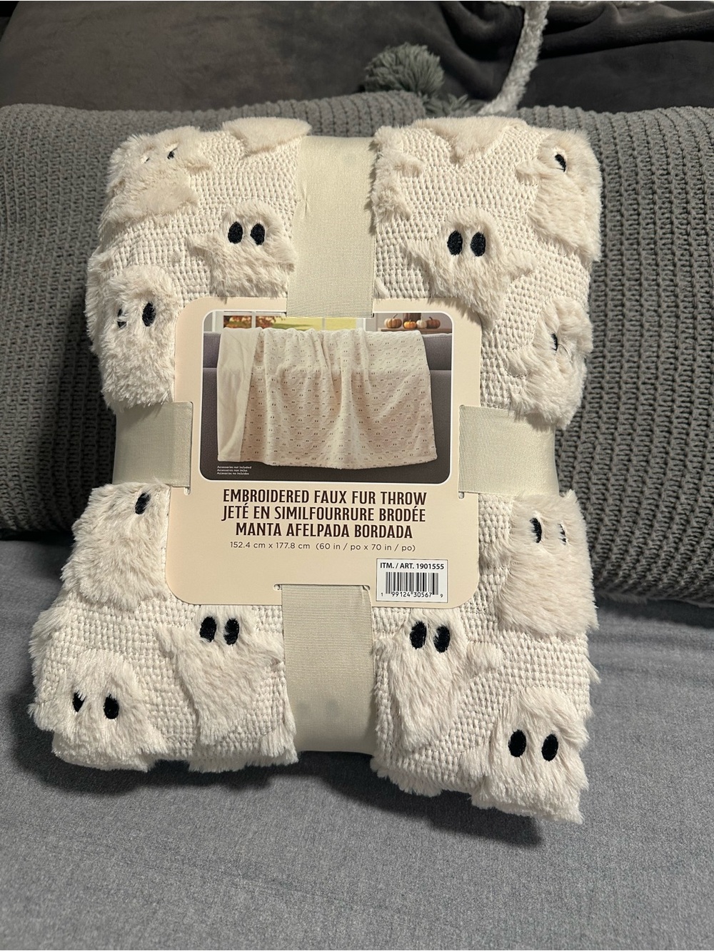 Embroidered Ghost Faux Fur Throw Blanket - Cream